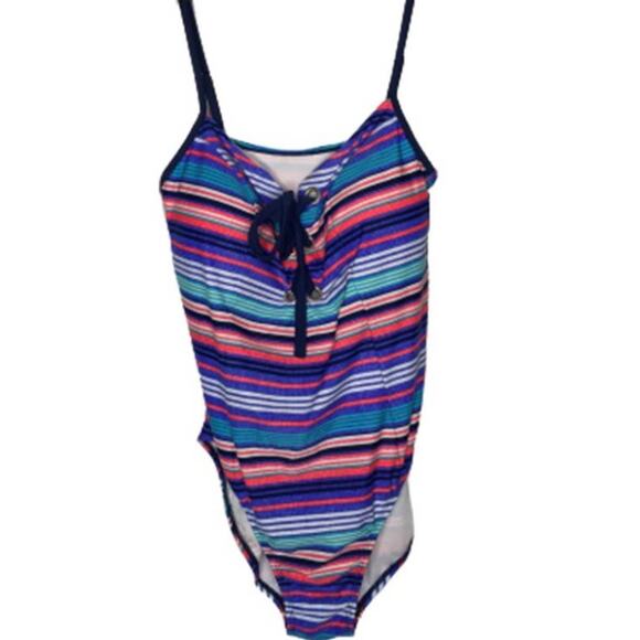 Time And Tru One Piece Swimsuit Lace Up Front Multi-Color Striped Size XL - Picture 1 of 4